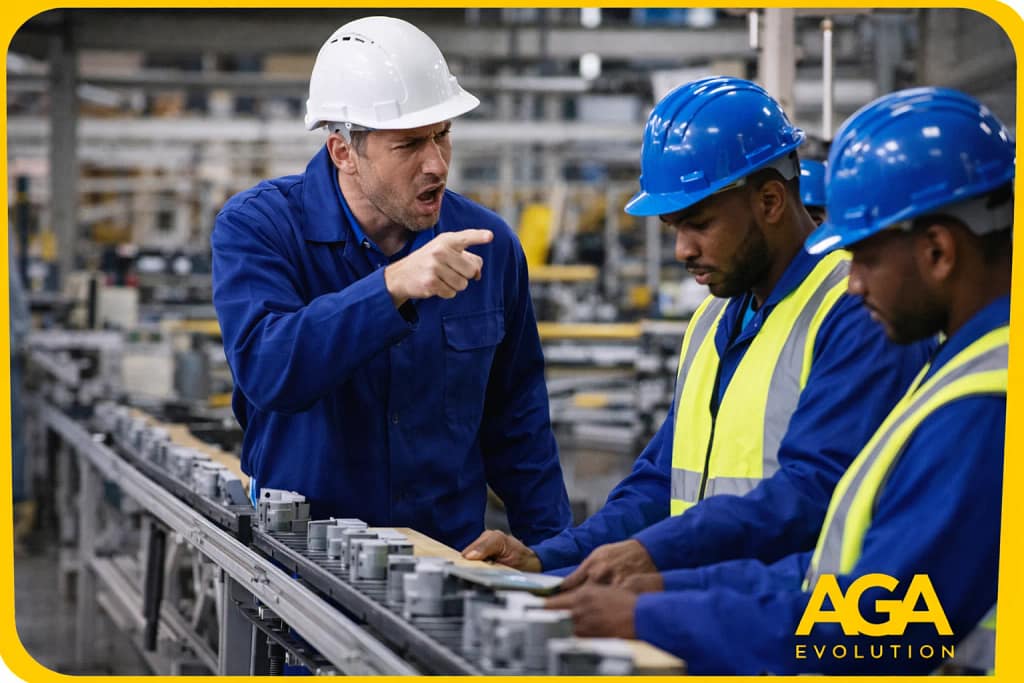 supervisor de fábrica corrigiendo a trabajadores en una cadena de producción
