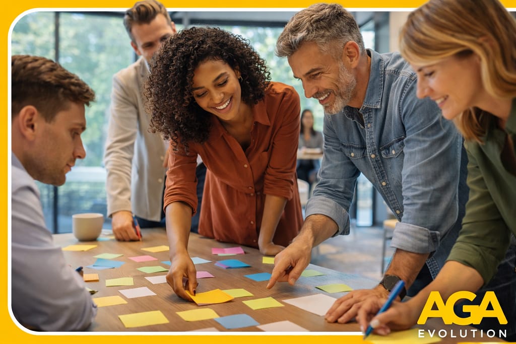 equipo colaborando en proceso de cambio empresarial manteniendo la cohesión y el trabajo en equipo