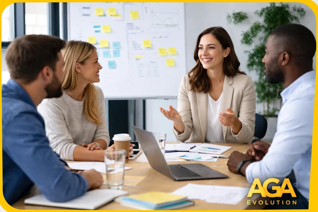 equipo reunido hablando sobre liderazgo empresarial y cultura organizaci
