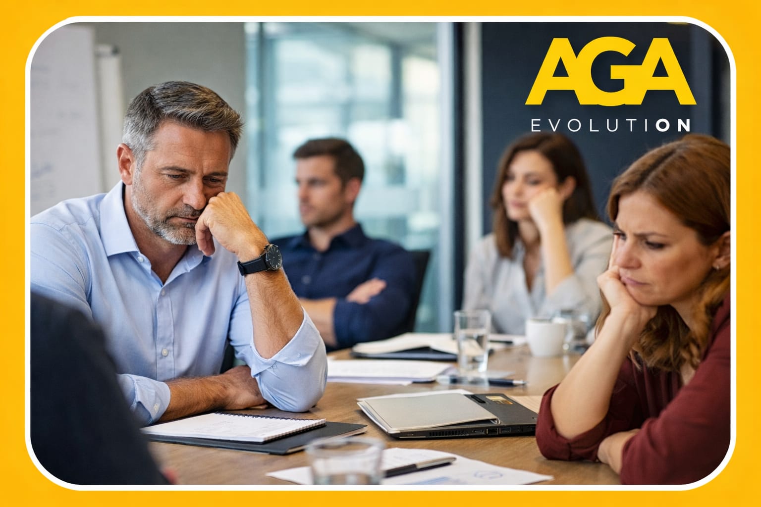 Equipo desmotivado en reunión reflejando problemas de liderazgo y falta de conexión en empresas en crecimiento